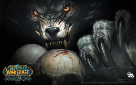 Comic-style World of Warcraft: Curse of the Worgen HD PC desktop wallpaper — snarling Worgen with glowing eyes and extended claws over cracked eggs.