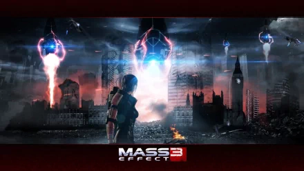 HD PC desktop wallpaper: Commander Shepard from the Mass Effect 3 video game stands in a ruined city as towering Reapers hover, blue-red explosions lighting the skyline; Mass Effect 3 logo at bottom.