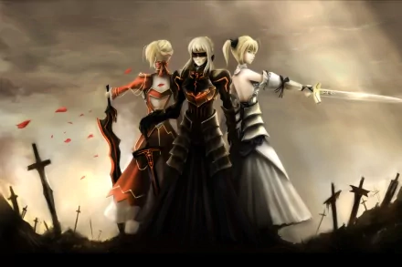 HD wallpaper featuring Saber Lily, Red Saber, and Saber Alter from Fate/Stay Night, standing together in a dramatic pose amidst a battlefield with crosses and a moody sky.
