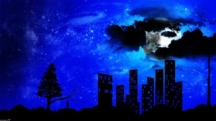 Artistic night HD PC desktop wallpaper: silhouette of a city skyline and lone tree beneath a vivid, star-filled blue sky with a luminous, cloud-veiled moon.