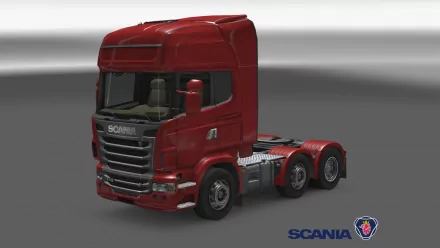 HD desktop wallpaper featuring a detailed red Scania truck cab against a gradient gray background.