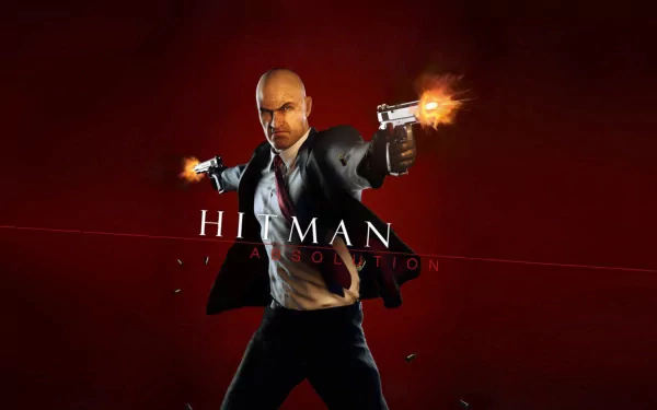 HD PC desktop wallpaper featuring a dynamic image from the video game Hitman: Absolution, showing the protagonist firing dual pistols against a red background.