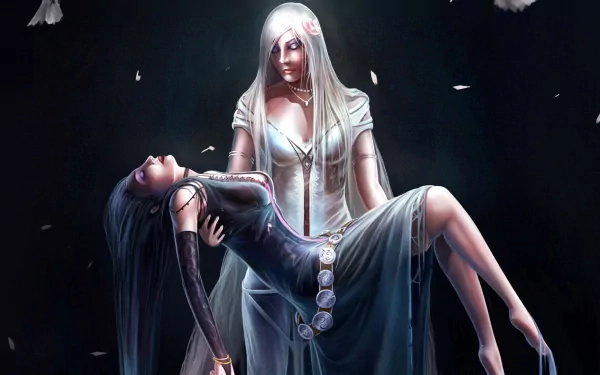 HD PC desktop wallpaper featuring characters from the video game Trine 2, depicting a mystical scene with a pale figure holding another in a dark, ethereal setting.