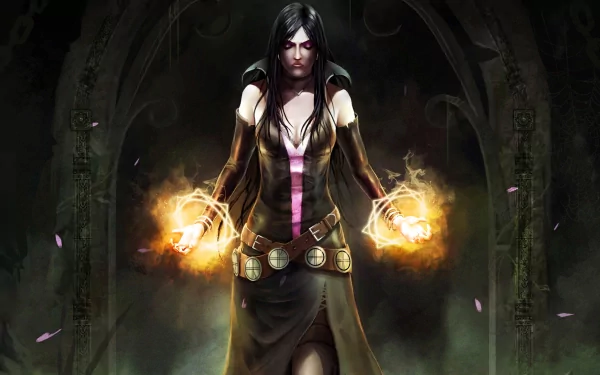 HD PC desktop wallpaper featuring a dark, powerful sorceress from the video game Trine 2, casting fiery magic in a mystical, shadowy setting.