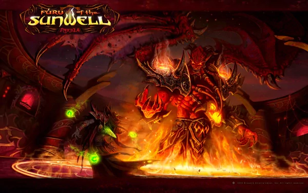 HD desktop wallpaper from World of Warcraft: Fury of the Sunwell featuring fiery demon characters in an intense, dramatic battle scene.