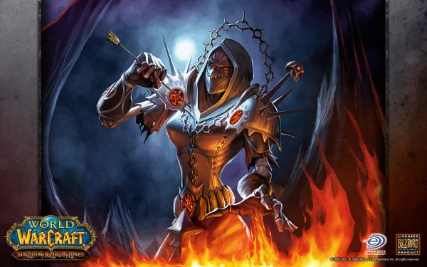 HD PC desktop wallpaper/background of a hooded armored spellcaster wreathed in chains and fire — World of Warcraft: Trading Card Game video game art.
