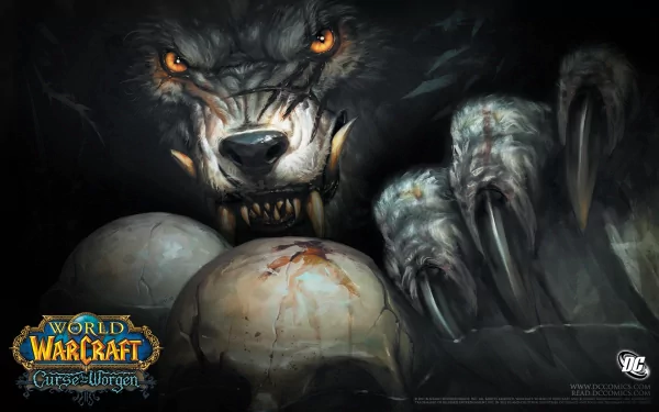Comic-style World of Warcraft: Curse of the Worgen HD PC desktop wallpaper — snarling Worgen with glowing eyes and extended claws over cracked eggs.