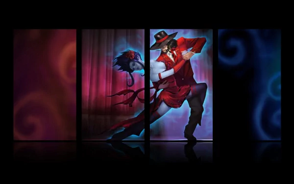 A vibrant HD wallpaper featuring Twisted Fate and Evelynn from League of Legends, showcasing their dynamic designs against a colorful, abstract background.