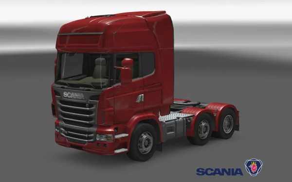 HD desktop wallpaper featuring a detailed red Scania truck cab against a gradient gray background.