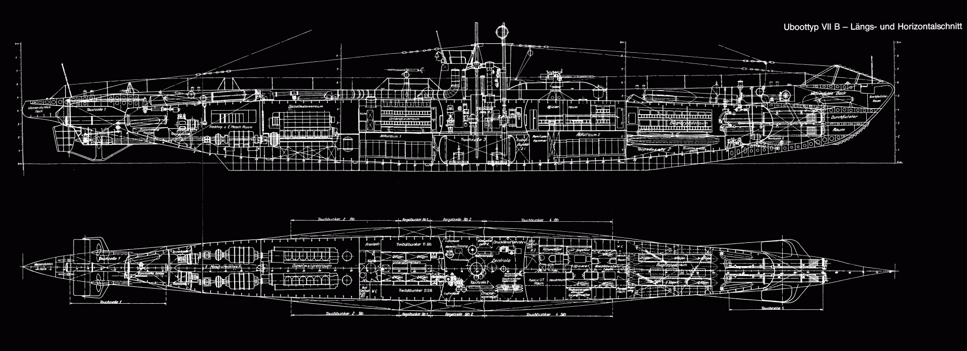 Blueprint-style 4K Ultra HD desktop wallpaper of a German Type VII military submarine, showcasing detailed internal layout and structure against a black background.