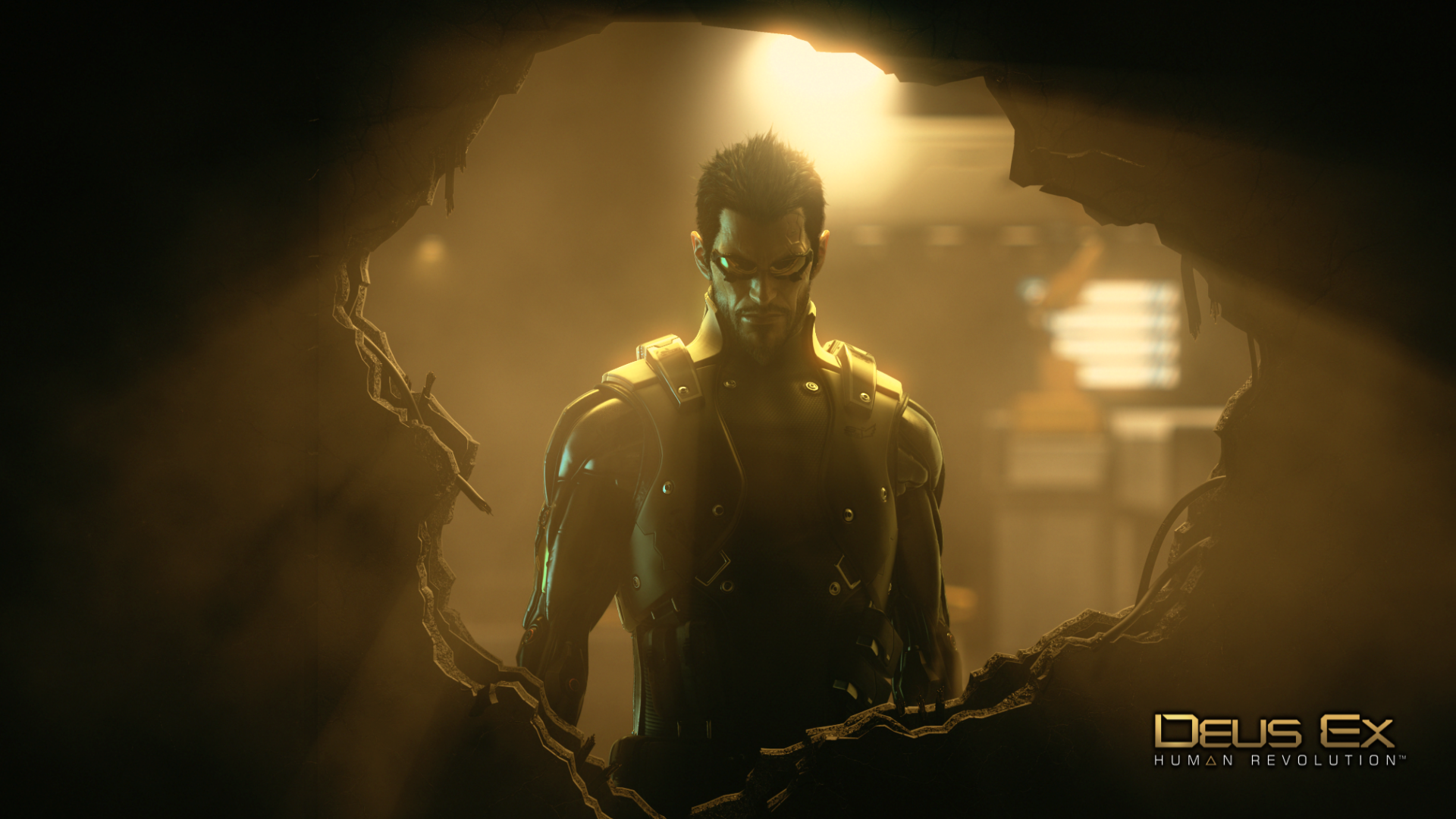 Deus Ex: Human Revolution video game HD PC desktop wallpaper — Adam Jensen backlit in golden cyberpunk light, standing amid a torn wall with a blurred city background.