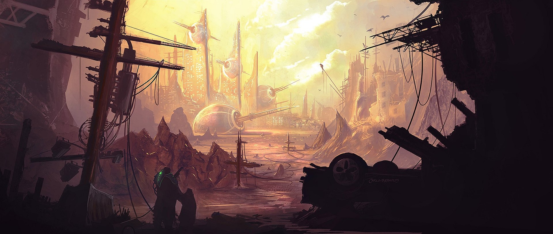 A captivating sci-fi landscape features towering structures and futuristic elements against a dramatic sky, creating an immersive HD wallpaper experience for your desktop.