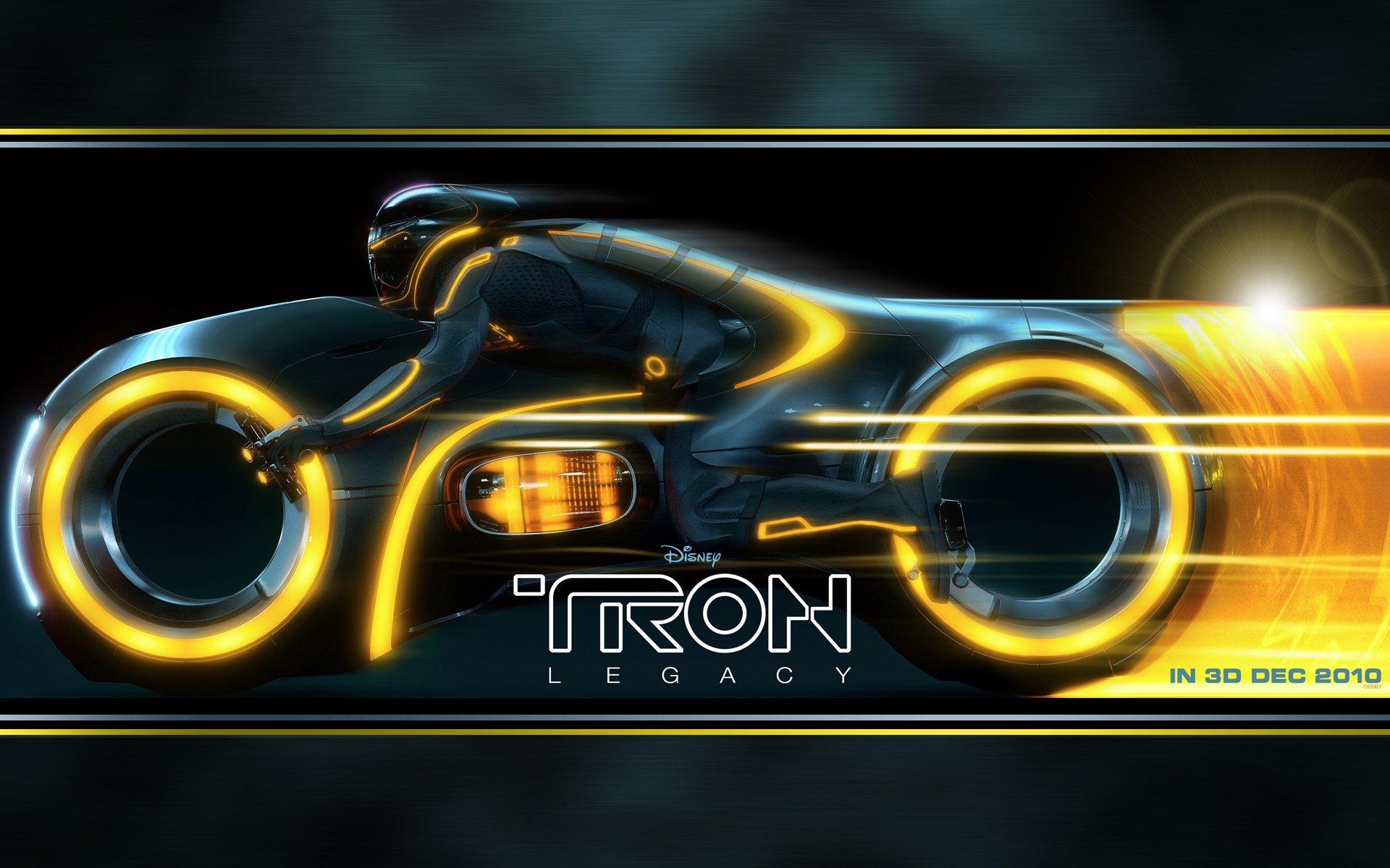 HD PC desktop wallpaper from the movie TRON: Legacy showing a glowing yellow lightcycle streaking through dark neon trails with the TRON: Legacy logo.