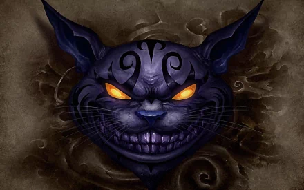 HD PC desktop wallpaper featuring the eerie Cheshire Cat from the video game Alice: Madness Returns, with glowing orange eyes and a sinister grin against a smoky background.