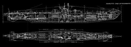 Blueprint-style 4K Ultra HD desktop wallpaper of a German Type VII military submarine, showcasing detailed internal layout and structure against a black background.