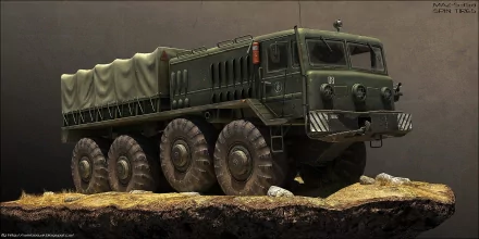 A detailed HD PC desktop wallpaper featuring a rugged off-road truck from the video game Spin Tires, set against a textured backdrop of soil and rocks.
