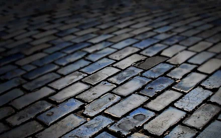 HD photography of dark, wet brick cobblestones in close-up, textured surface with subtle blue highlights — PC desktop wallpaper background