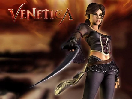 HD PC desktop wallpaper featuring a female character from the video game Venetica, poised with a raised sword against a dark, dramatic background.