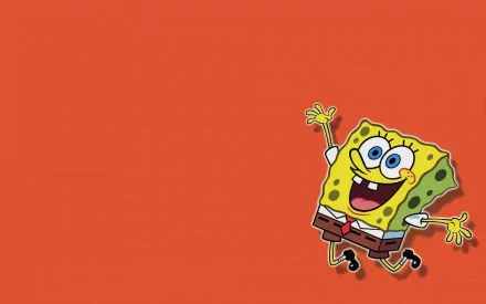Bright orange background featuring SpongeBob SquarePants, the beloved character from the TV show, happily waving and spreading cheer in this HD desktop wallpaper.