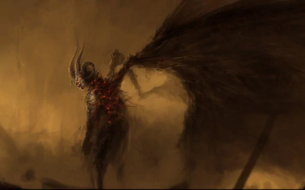 A dark, demonic figure stands menacingly, its monstrous wings spread wide against a smoky, golden backdrop. This HD desktop wallpaper evokes an intense, eerie atmosphere.