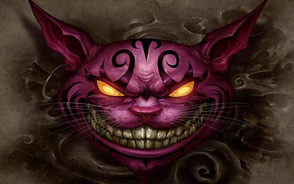 This HD PC desktop wallpaper features the Cheshire Cat from Alice: Madness Returns, showcasing its vibrant purple hue and menacing grin against a dark, swirling background.