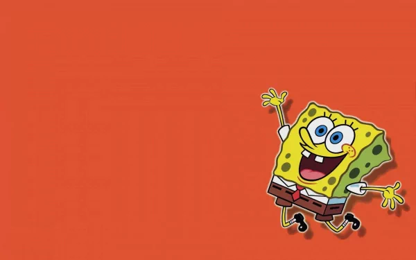Bright orange background featuring SpongeBob SquarePants, the beloved character from the TV show, happily waving and spreading cheer in this HD desktop wallpaper.