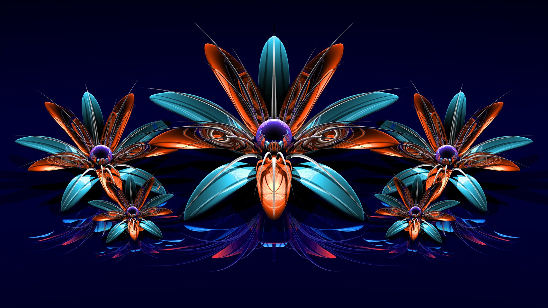 HD abstract fractal design featuring symmetrical, vibrant blue and orange floral shapes on a deep blue background, created as a striking PC desktop wallpaper.