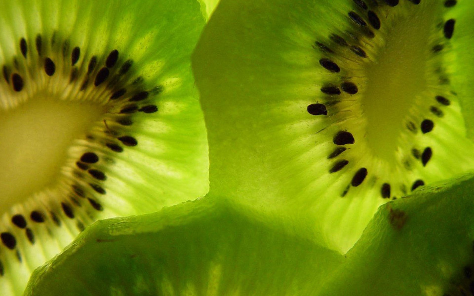 Close-up HD PC desktop wallpaper of fresh, vibrant green kiwi slices highlighting the detailed seeds and juicy texture.