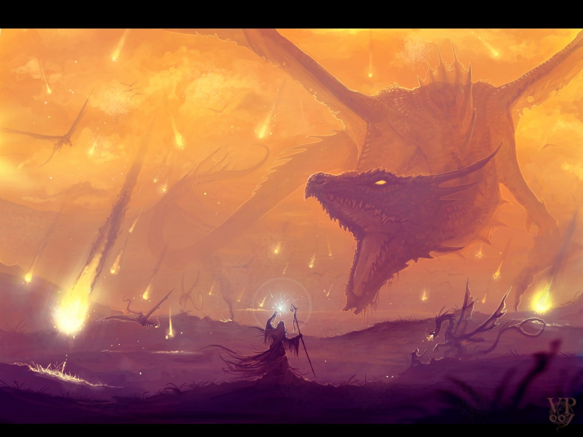 HD fantasy desktop wallpaper featuring a massive dragon emerging from fiery skies, with a lone figure standing amidst blazing meteor showers.