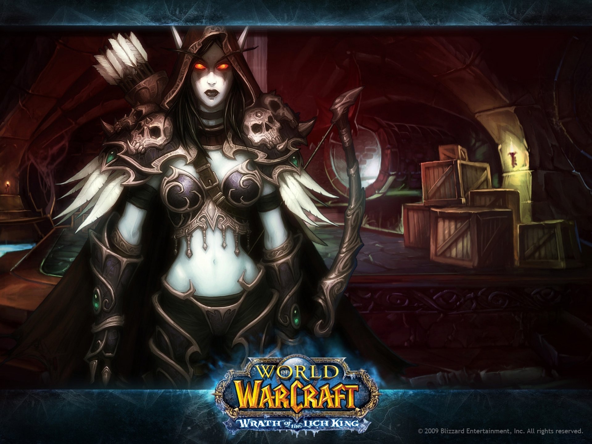 HD desktop wallpaper featuring a dark, armored female character from the video game World of Warcraft: Wrath of the Lich King, set in a shadowy, crate-filled environment.