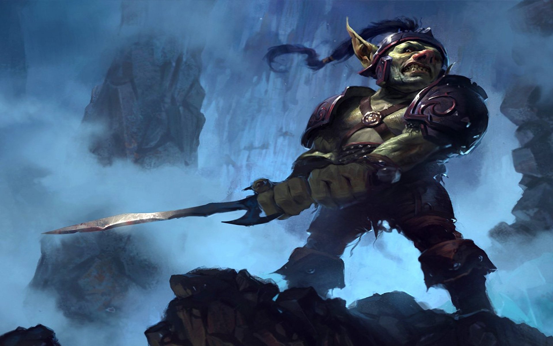 World of Warcraft video game 2K Quad HD PC desktop wallpaper: green-skinned armored warrior brandishing a blade on icy cliffs under stormy skies.