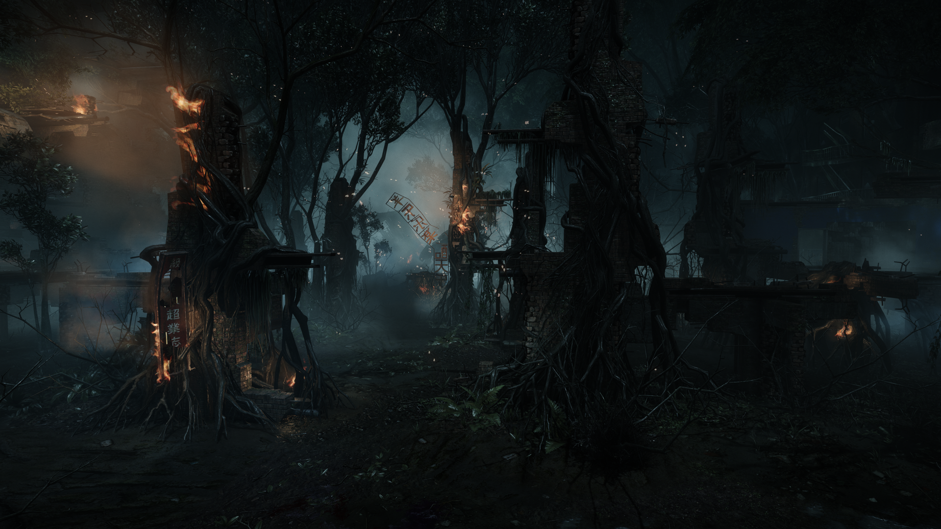 HD Crysis 3 desktop wallpaper featuring a dark, swampy environment with advanced military structures and eerie lighting.