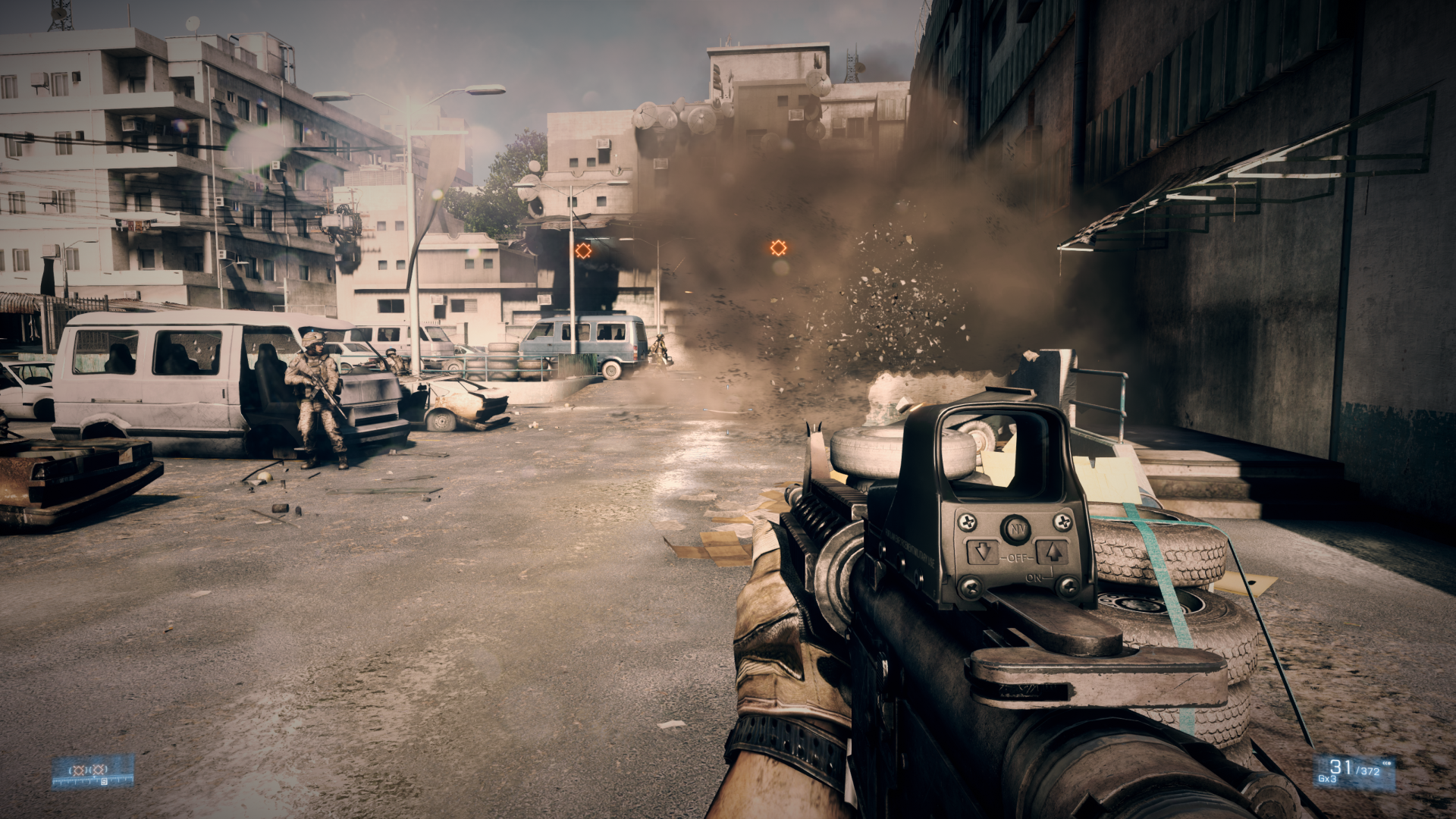 HD desktop wallpaper from Battlefield 3 featuring a first-person view of a soldier aiming a gun with an explosion ahead in an urban warfare setting.