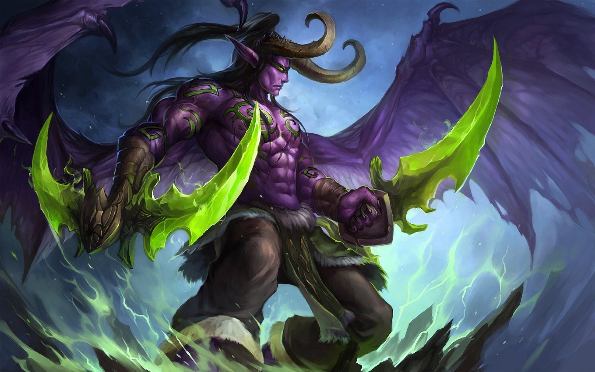 HD PC desktop wallpaper featuring a powerful, horned demon wielding glowing green blades from the video game World of Warcraft.
