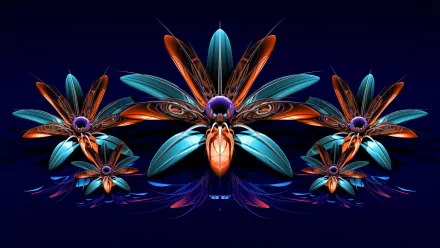 HD abstract fractal design featuring symmetrical, vibrant blue and orange floral shapes on a deep blue background, created as a striking PC desktop wallpaper.