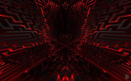 HD PC desktop wallpaper featuring an abstract design with deep red and black geometric patterns creating a tunnel-like effect.