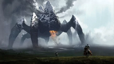 HD PC desktop wallpaper featuring a colossal, spider-like creature from the video game Rift looming over two mounted characters in a misty, mountainous landscape.