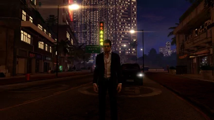 HD wallpaper of a character from the video game Sleeping Dogs standing on a city street at night.