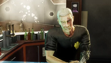 HD desktop wallpaper from Deus Ex: Human Revolution featuring a character with mechanical arms standing behind a bar.