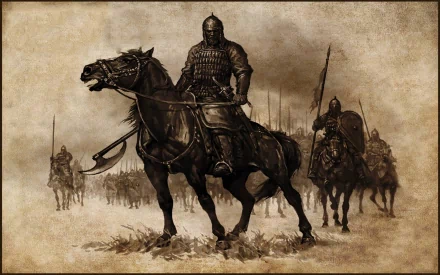 HD PC desktop wallpaper featuring armored warriors on horseback from the video game Mount & Blade: Warband, set against a sepia-toned medieval battlefield background.