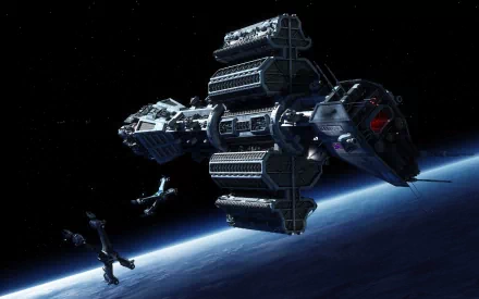 HD desktop wallpaper featuring a detailed spaceship from the TV show Babylon 5: A Call to Arms orbiting above a planet in space.