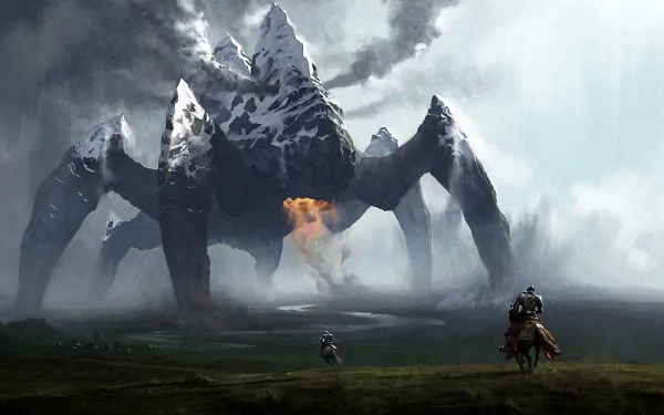 HD PC desktop wallpaper featuring a colossal, spider-like creature from the video game Rift looming over two mounted characters in a misty, mountainous landscape.