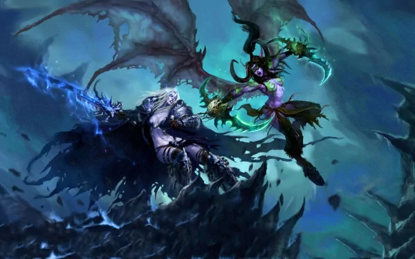 An HD desktop wallpaper featuring Illidan Stormrage from World of Warcraft in an intense battle.