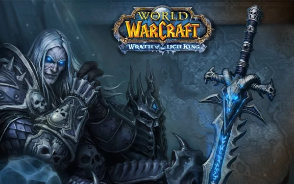 World of Warcraft: Wrath of the Lich King (video game) 2K Quad HD PC wallpaper — Arthas the Lich King in icy armor clutching Frostmourne, blue frost and skull motifs.