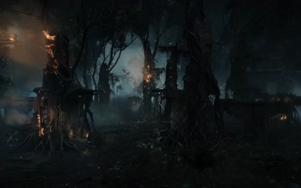 HD Crysis 3 desktop wallpaper featuring a dark, swampy environment with advanced military structures and eerie lighting.