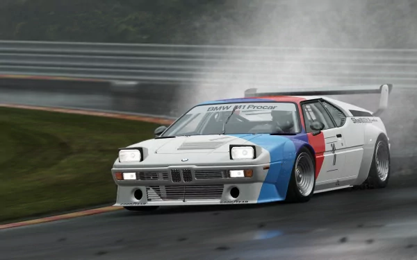 HD wallpaper of a racing car from Project Cars, speeding on a wet track with water spray behind it.