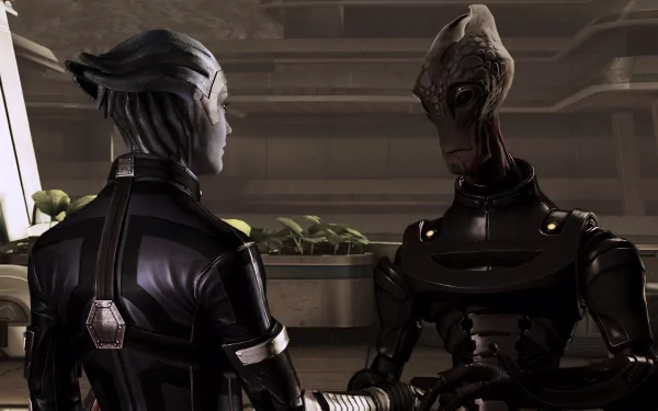 HD desktop wallpaper featuring Liara T'Soni and Mordin Solus from Mass Effect 3 in a conversational pose.