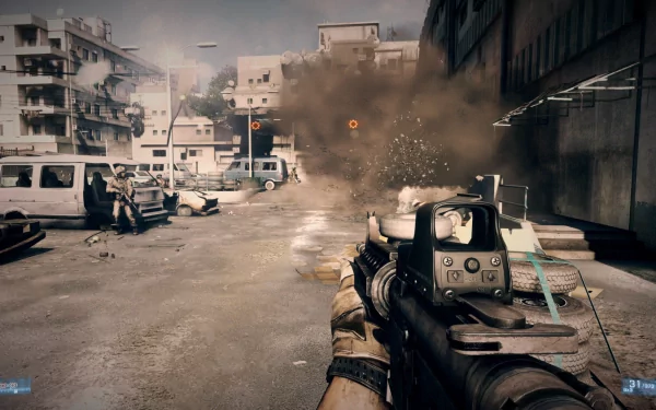 HD desktop wallpaper from Battlefield 3 featuring a first-person view of a soldier aiming a gun with an explosion ahead in an urban warfare setting.