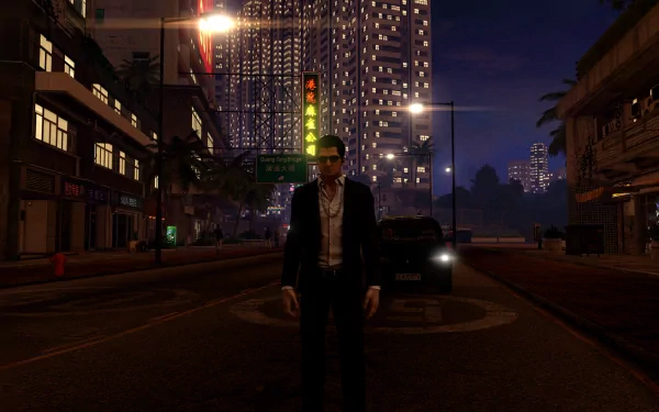 HD wallpaper of a character from the video game Sleeping Dogs standing on a city street at night.