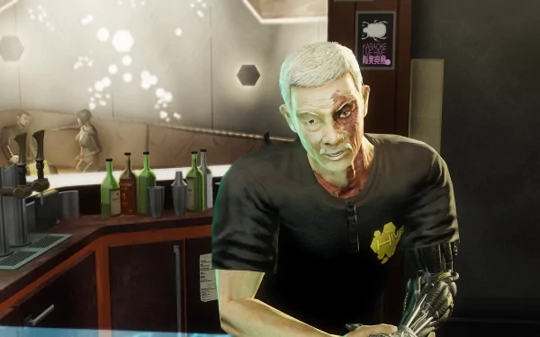 HD desktop wallpaper from Deus Ex: Human Revolution featuring a character with mechanical arms standing behind a bar.